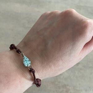 Delicate blue larimar crystal gemstone bracelet on brown cord